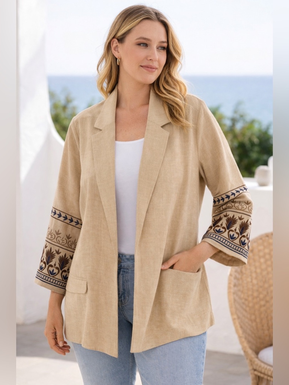 Blazer Plus NYCC  3X Boho Embroidered Sleeve Kimono Jacket Beige Festival Resort